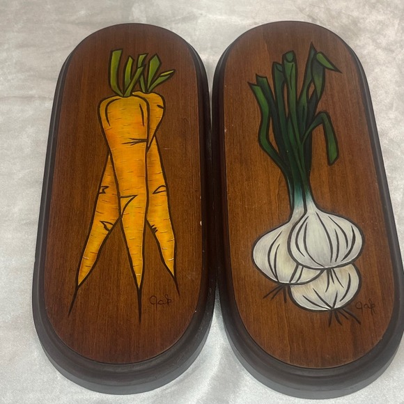Vintage retro wood country kitchen signs veggie folk 9" oval signed numbered art - Picture 1 of 14
